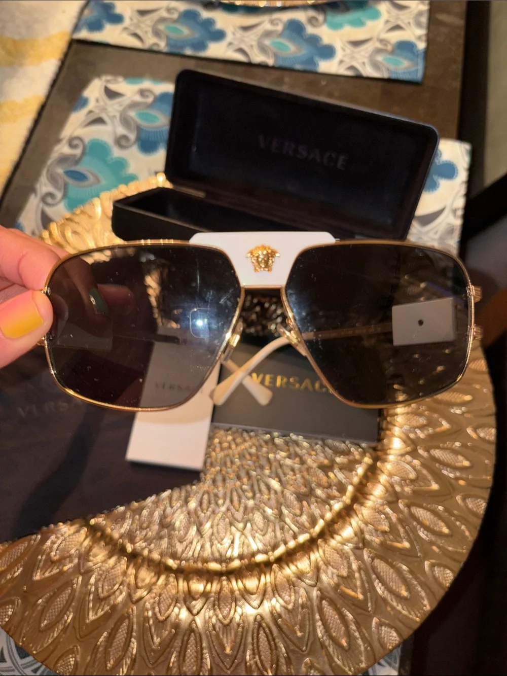 Versace Gold Aviator Sunglasses with Dark Lenses